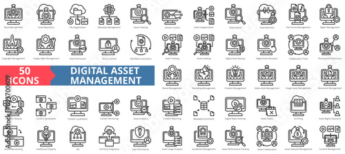 Digital asset management icon collection set. Containing repository,cloud file ,database ,indexing,version control,cms,content icon. Simple line vector illustration.