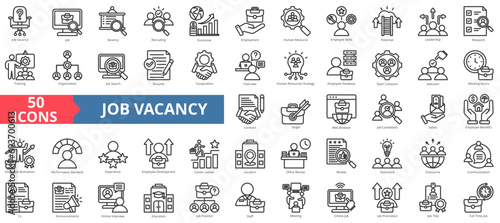 Job vacancy icon collection set. Containing online job search,requirements,recruiting,employment,human resource management,employee skills,career ladder icon. Simple line vector illustration.