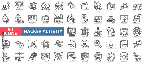 Hacker activity icon collection set. Containing hacker activity,artificial intelligence,cloud technology,worm virus,hacking,phishing,encryption icon. Simple line vector illustration.