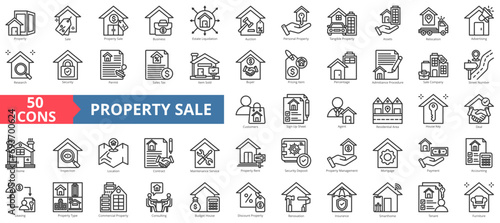 Property sale icon collection set. Containing estate liquidation,business,auction,ownership,management,home relocation,home inspection icon. Simple line vector illustration. photo