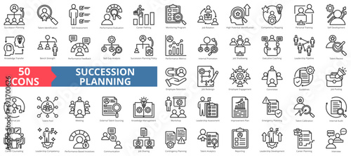 Succession planning icon collection set. Containing talent identification,skill assessment,performance evaluation,career path,job rotation,competence icon. Simple line vector illustration photo
