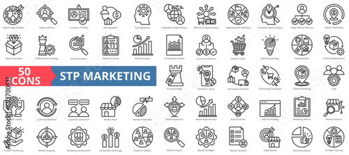 Stp marketing icon collection set. Containing target audience,customer needs,value proposition,loyalty program,marketing mix,retention,buyer persona icon. Simple line vector illustration.