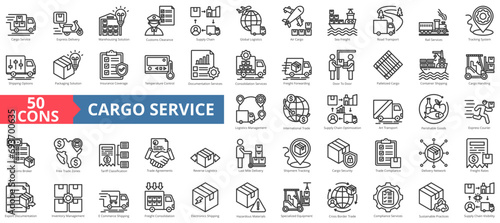 Cargo service icon collection set. Containing express delivery,warehousing,customs clearance,supply chain,global logistics,air cargo,sea freight icon. Simple line vector illustration.