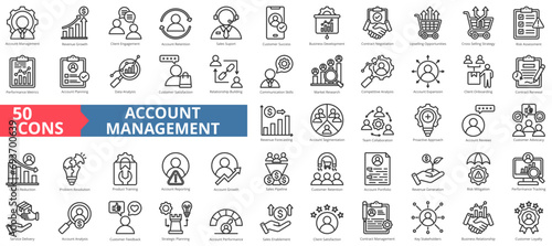 Account management icon collection set. Containing client engagement,retention,sales support,verified,business presentation,contract negotiation,upselling icon. Simple line vector illustration.