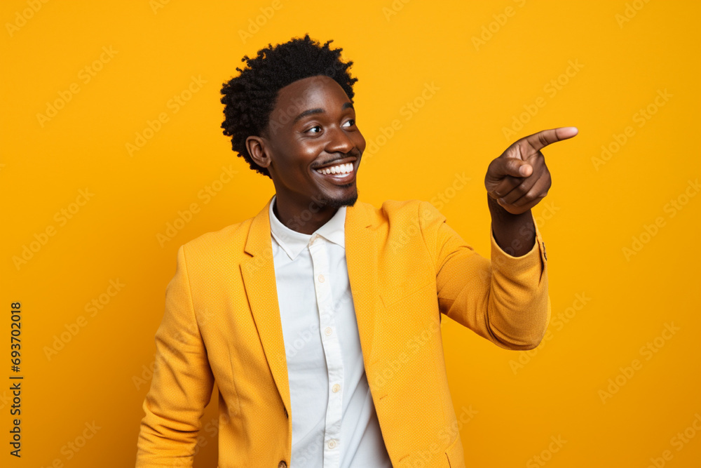 Naklejka premium an african man standing on a yellow background pointing to something isolated photo