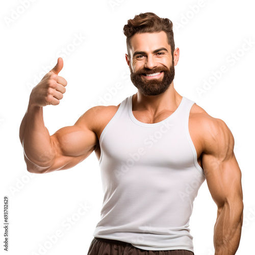 Bearded and attractive body builder man posing with approval hand sign. Isolated on transparent background
