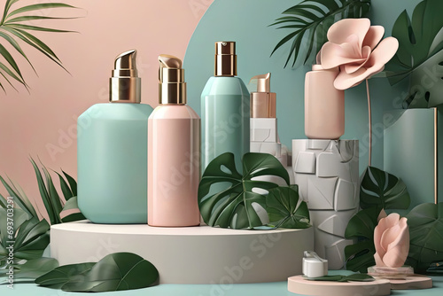 Luxury skincare concept 3D shampoo mock up on cube podium with tropical leaves Beauty product ad template 