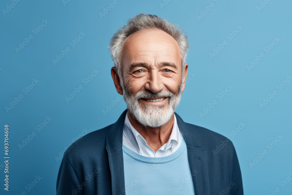 medium shot portrait photography of a pleased man in his 70s against a light blue background medium shot portrait photography of a pleased man in his 70s against a light blue background