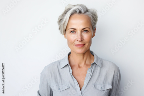 medium shot portrait photography of a woman in her 40s against a light white background