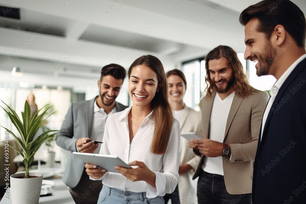 A group of positive business workers holding a tablet computer are working on an online financial website project. People are a team in a marketing company. A group of positive business workers holding a tablet computer are working on an online financial website project. People are a team in a marketing company.