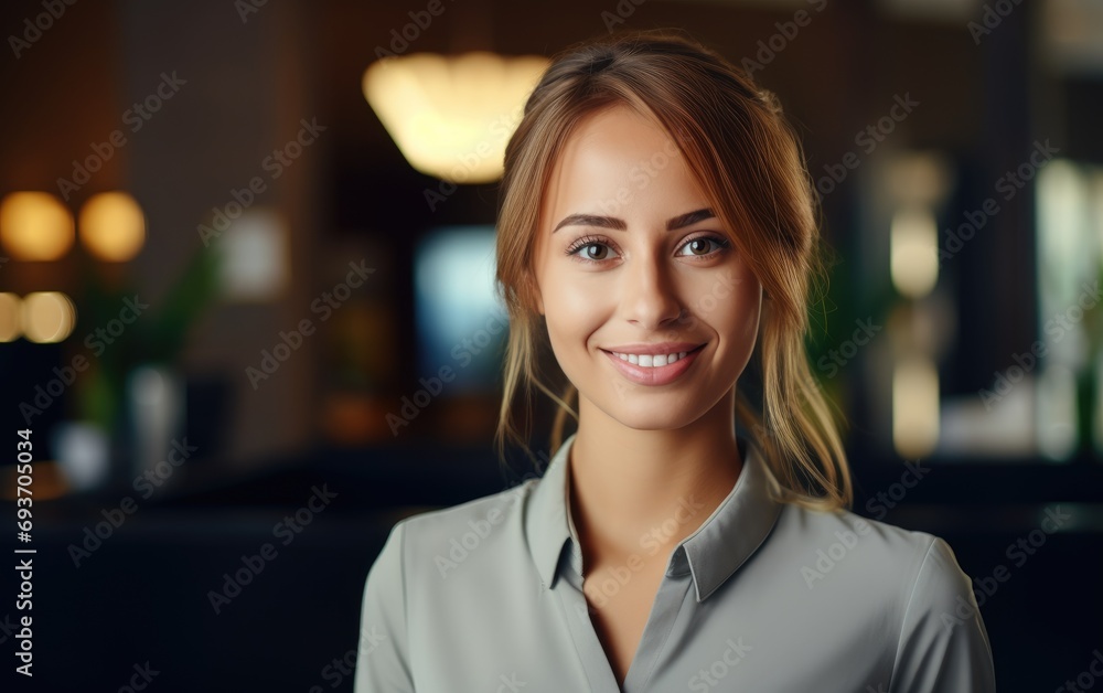 A young front desk receptionist smiling to a guest A young front desk receptionist smiling to a guest