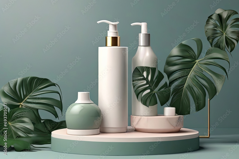 Luxury skincare concept 3D shampoo mock up on cube podium with tropical leaves Beauty product ad template 