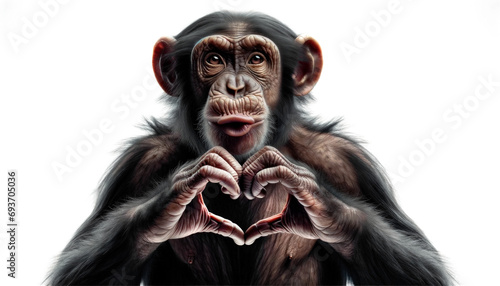 Naklejka na ścianę Happy laughing funny monkey portrait making heart hands. Chimpanzee with Hand fingers making heart shape, isolated on white background, Generative Ai