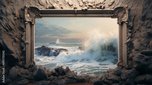 A textured frame enclosing a picture of a rocky beach with waves crashing on the shore. photo