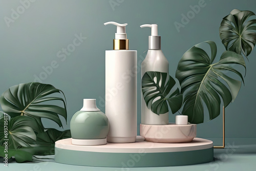 Obraz na płótnie Luxury skincare concept 3D shampoo mock up on cube podium with tropical leaves Beauty product ad template w salonie