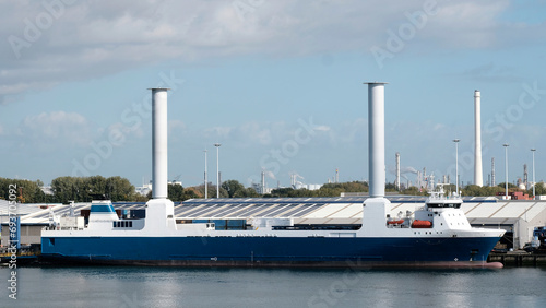 Billede på lærred Retrofitted vessel with tillable rotor sails during operations in the European p