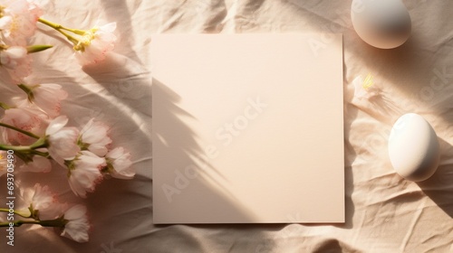 Easter greeting card mockup with white eggs and spring flowers on bed