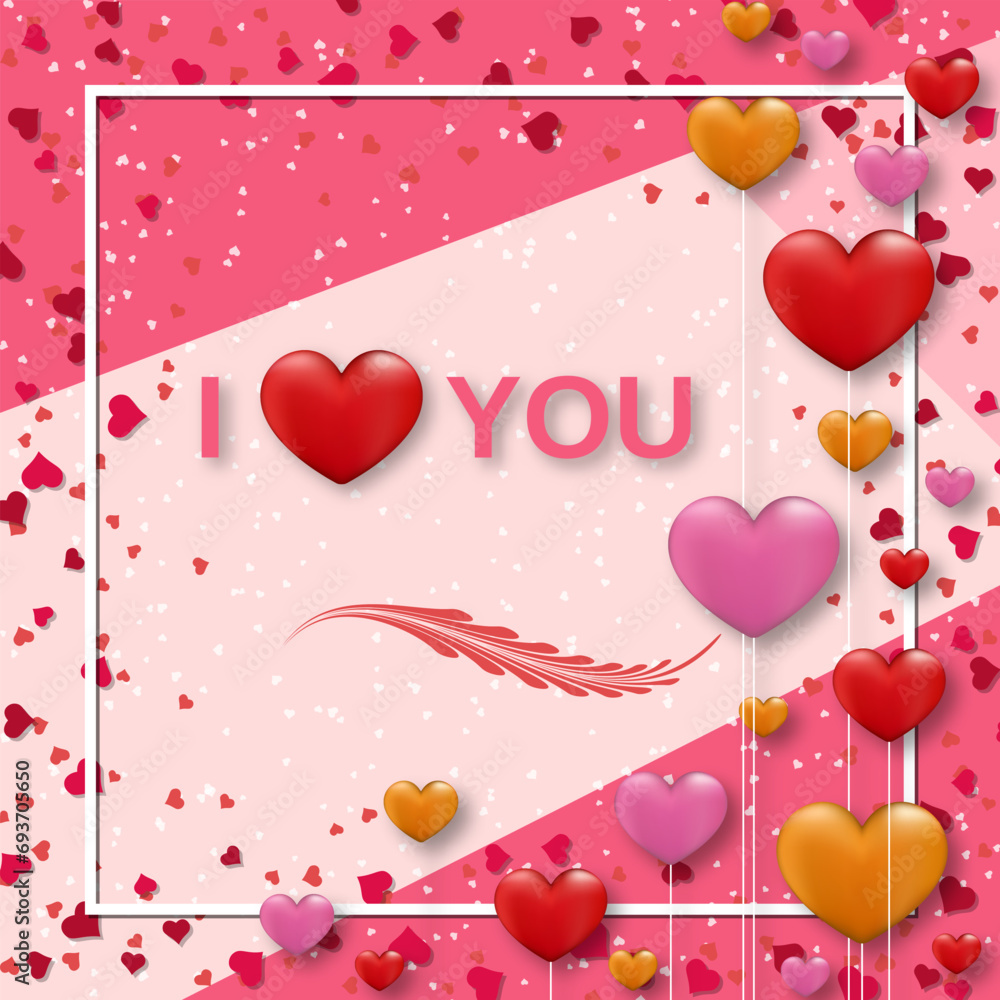 Valentine's Day elegant vector illustration. Pink background with hearts and lettering