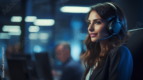 Young female telemarketer or call center agent with headset working on support hotline in modern office.