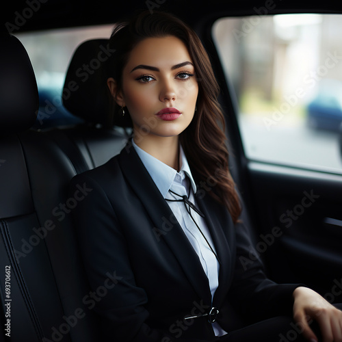 Beautiful business woman sitting in the back seat of a car. Business concept. photo