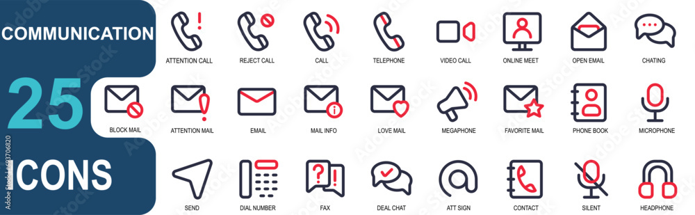 communication icon set, 2 color ouline style. contains info, alerts, phone book, silent, headphones, customer service, email address. vector illustration set. editable stroke.
 - obrazy, fototapety, plakaty 