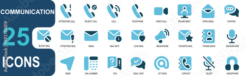 25 communication icons.duo tone style.contains mic,audio,message,send,phone,phone number,faq,share,deal,at sign,sign,email,phone,conversation.vector illustration.stroke can be edited.