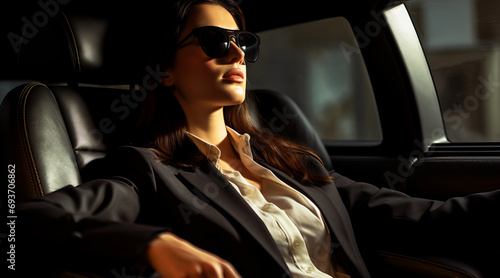 A stylish, luxurious woman is sitting in the passenger seat of a car. A business-minded young girl leans back in the back seat of the car and enjoys the ride. Young businesswoman sitting in the car. © Helen-HD