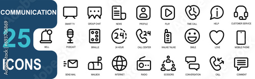 set of communication icons.outline style.contains tv,group chat,newspaper,people,video,play,call time,help,info,customer service,notification.good illustration vector for apk and web.editable stroke.