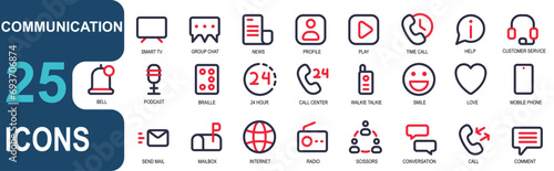 communication icon set, 2 color ouline style. contains radio, group, people contact, chat, communication, incoming call,call, outgoing call, comment. vector illustration set. editable stroke.
