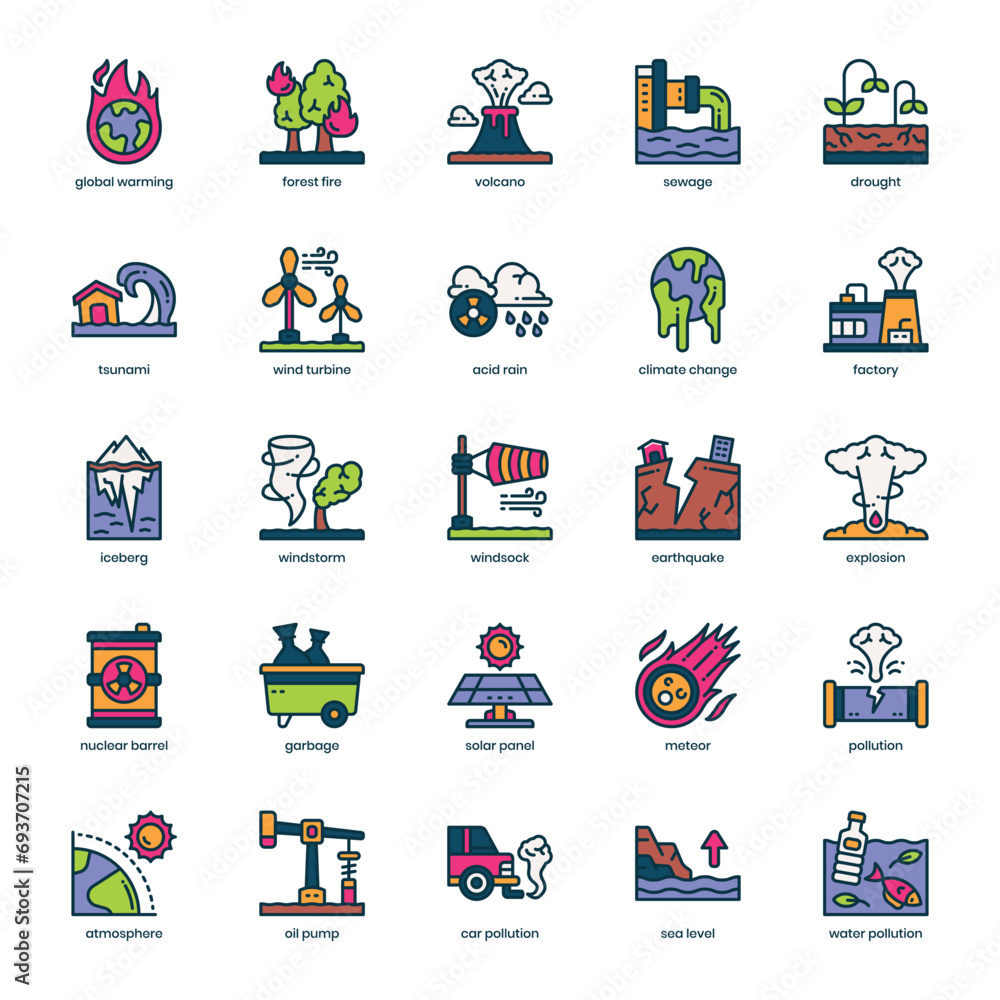 Obraz premium Climate Change icon pack for your website design, logo, app, and user interface. Climate Change icon filled color design. Vector graphics illustration and editable stroke.