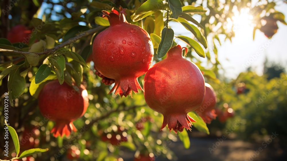 Close up pomegranate fruit tree in a farm.