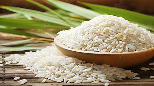 White rice in a bowl on a wooden table. photo