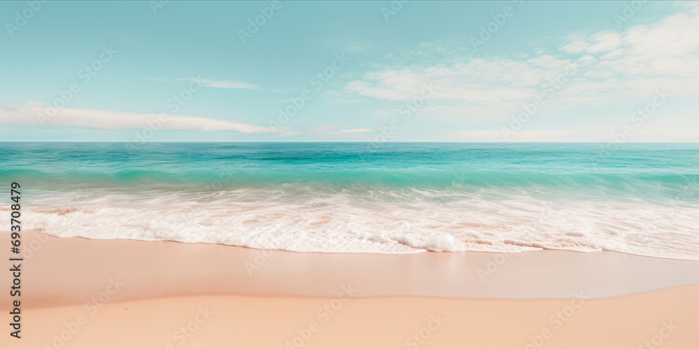 A pristine beach with turquoise waters, foamy waves, and a soft sandy shore under a blue sky with fluffy clouds. - obrazy, fototapety, plakaty 