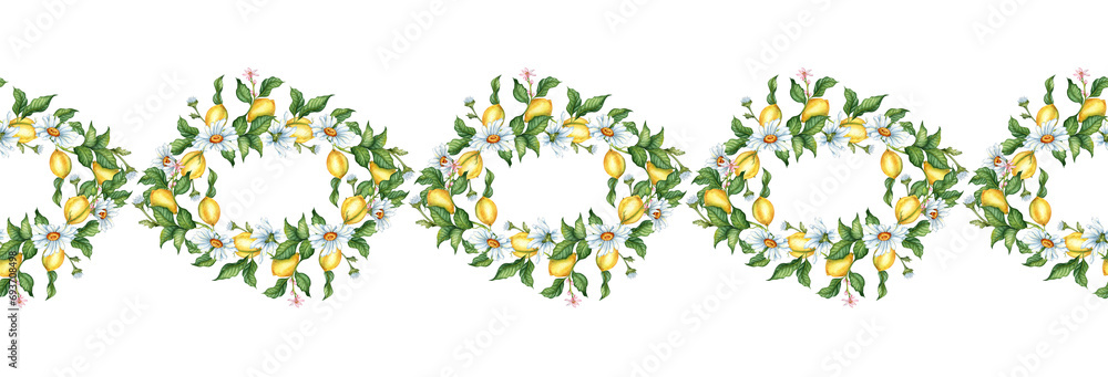 Watercolor illustration pattern of ripe, yellow, juicy lemons, flowers, buds and white daisies. Tropical botanical pattern isolated on white background. Delicious food for design, print, fabric,