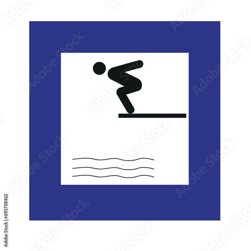 information sign, banner, place to jump into the water, into the pool, a man jumps into the water from a tower, pictogram, flat vector illustration