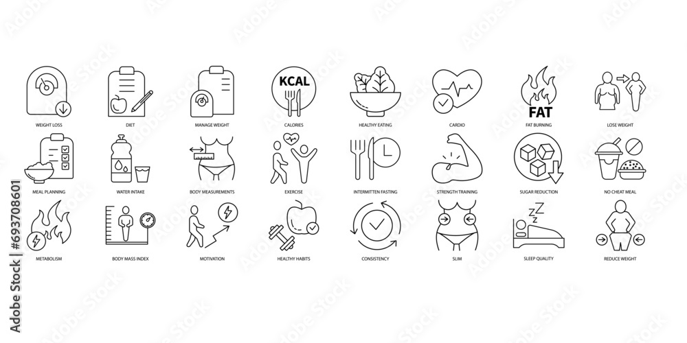 Weight loss icons set. Set of editable stroke icons.Vector set of Weight loss - obrazy, fototapety, plakaty 