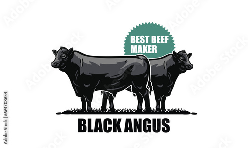 BLACK ANGUS CATTLE LOGO, silhouette of great bull standing in farm vector illustrations