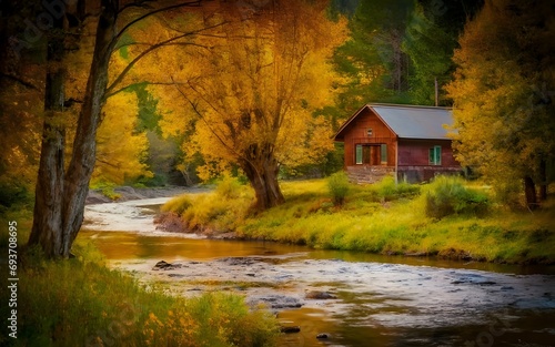 Tranquil autumn retreat: river, fall colors, cabin. Cinematic portrait photography capturing seasonal beauty