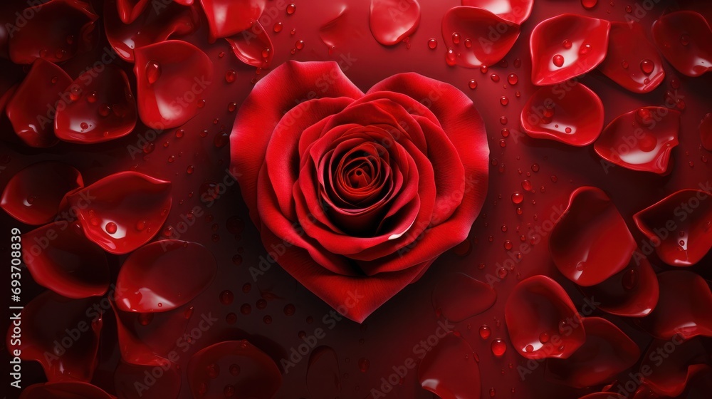 Close-up of vibrant red rose among rose petals. Valentine's Day backdrop. Close-up of vibrant red rose among rose petals. Valentine's Day backdrop.