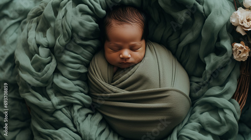 A newborn baby peacefully sleeping, wrapped in a soft green blanket, with delicate flowers nearby. photo