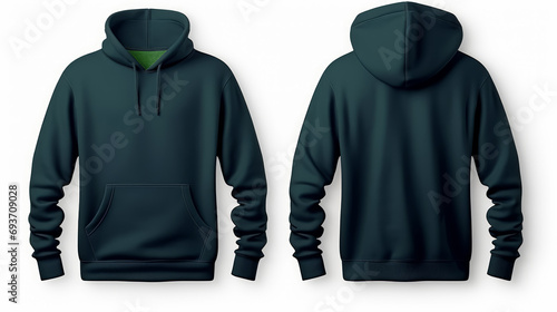 A forest green hoodie, front and back view, with drawstring and pocket. photo