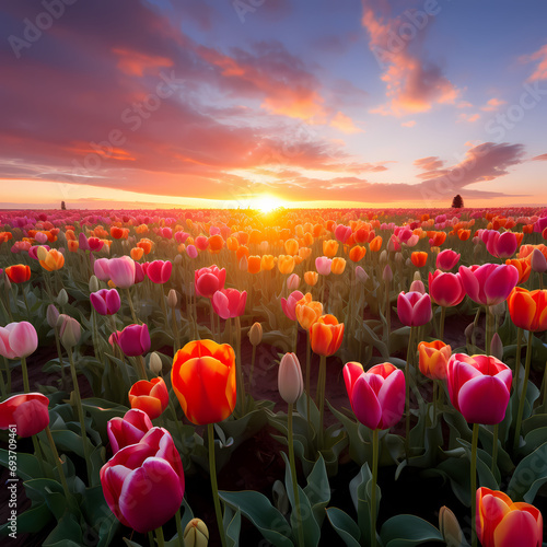 A field of tulips in various shades under the soft light of dawn