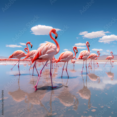 A flock of flamingos wading gracefully in the shallow waters of a lagoon © Cao