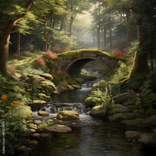 A secret garden with a stone bridge over a babbling brook