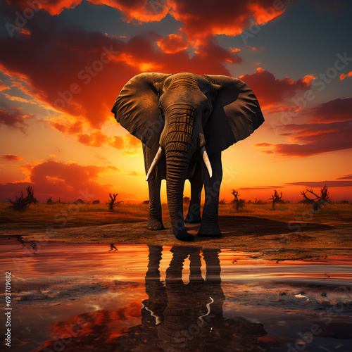 A solitary elephant against the backdrop of a radiant sunset © Cao