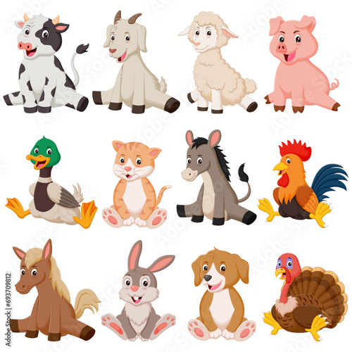 Set of cute farm animals sitting. Vector illustration