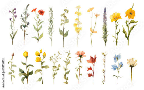 Collection of set wildflowers depicted in grunge oil paint isolated on transparent background. PNG file, cut out