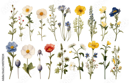 Collection of set wildflowers depicted in grunge oil paint isolated on transparent background. PNG file  cut out