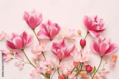 beautiful spring flowers on white background. generative ai. © SEUNGJIN