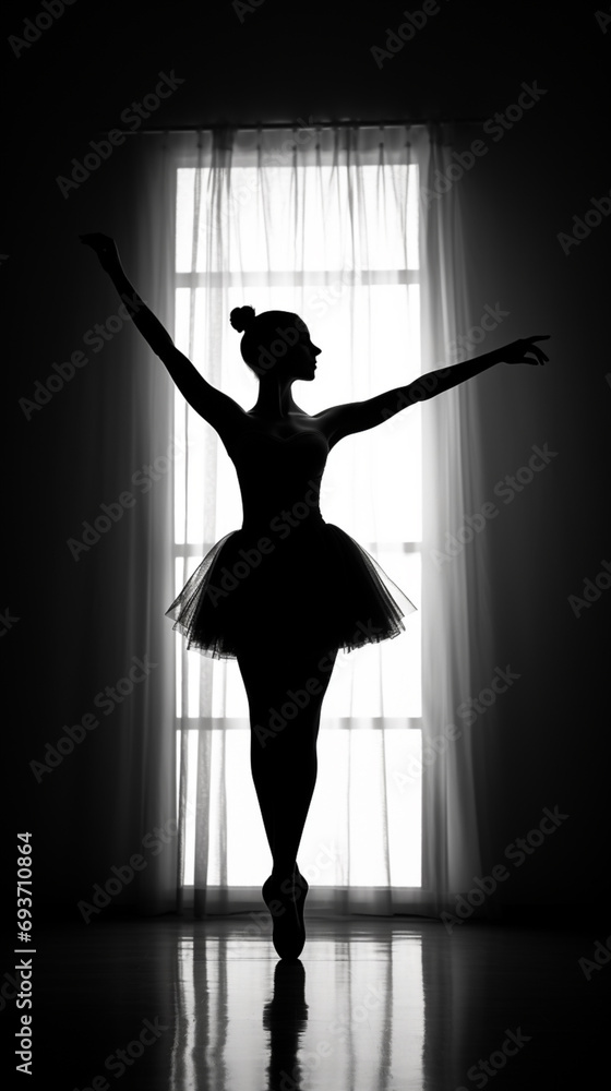 Silhouette of ballerina on dark with light, in the style of black and white